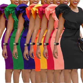 Rochie de femei de Moda de Vara Centura Bodycon Culoare Solidă Midi Rochii în Cascadă Zburli Gât O Naveta de Partid de sex Feminin Vestido Imagine 2