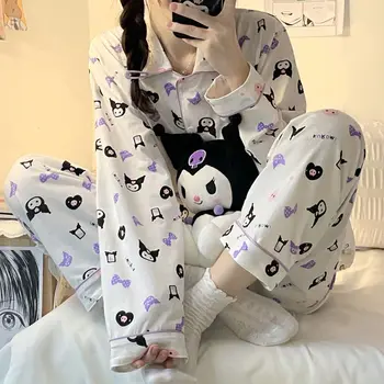 Sanrio Kawaii Kuromi Mea Melodie Drăguț Cuplu Pijamaua De Primavara Toamna Cu Maneci Lungi Pantaloni De Pijama, Costume Fete Dulci Homewear Imagine 2