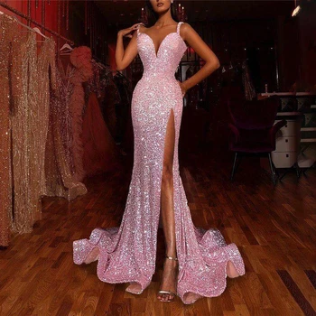 Sclipitoare arabă Rochie de Seara 2022 Bling Bling Pink Sequin Split Robe de soirée femme Petrecere de Seara, Rochii de Custome made