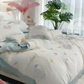 Set de lenjerie de pat brodate fluture de Matase 100% home textile pat mare, lenjerie de pat duvet cover foaia de pernă Imagine 2