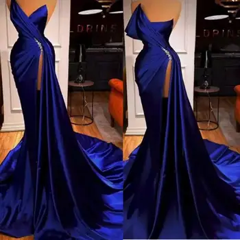Sexy Albastru Royal Satin Rochii de Seara Cu Slit Sirena V Gâtului Matura-Tren cu Margele Rochii de Bal Personalizate pentru Femei