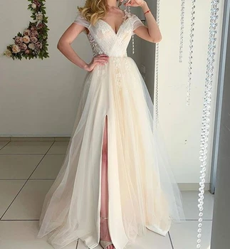 Sexy V-Neck Side Slit Rochii de Mireasa Dantela Acolit Tul Rochie Lunga pentru Femei 2022 vestidos elegantes para mujer robe de mariée