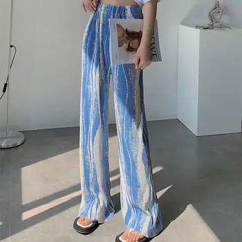 Sifon Imprimat Pantaloni Largi de Vara pentru Femei Talie Mare 2021 Nou Tie-dye Matase de Gheață Mici, Drept Colector Podea Pantaloni
