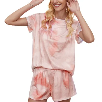 Sleepwear Set Scurt pentru Femei de Vara de Imprimare și Cravată-Vopsite Gradient de Culoare Maneci Scurte, Acasa, Somn Purta Costum de Pijama pentru Femei Imagine 2