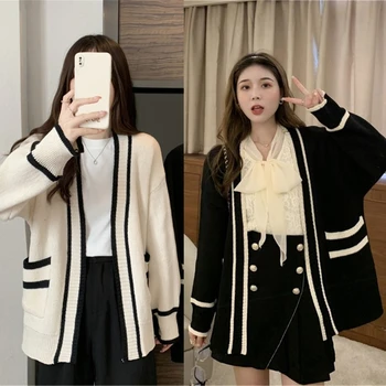 Stil coreean Toamna Casual Pierde Tricotaje Cardigan pentru Femei Elegante cu Dungi Tricotate Pulover Fata Deschis Haina cu Buzunar