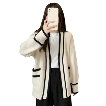 Stil coreean Toamna Casual Pierde Tricotaje Cardigan pentru Femei Elegante cu Dungi Tricotate Pulover Fata Deschis Haina cu Buzunar Imagine 2