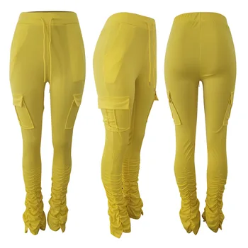 Stivuite Femei Jambiere Pantaloni cu Buzunar Bomboane de Culoare Pantaloni evazați Marfă Sweatpant Talie Mare Sportiv Flare Ruched Pant Imagine 2
