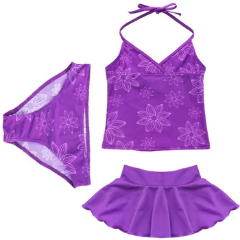 TiaoBug Copii Adolescenti Înot Violet Halter Top de Cultură, cu pantaloni Scurți, Fusta Set de Bikini Fete Tankini de Costume de baie costume de Baie Set Costum de Baie Imagine 2