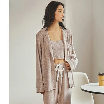 Toamna/Iarna 2021 Pijamale pentru Femei Bej cu Maneci Lungi Costume cu Pantaloni Confortabil 3-piece Set de Haine de Acasă Rever Liber Sleepwear