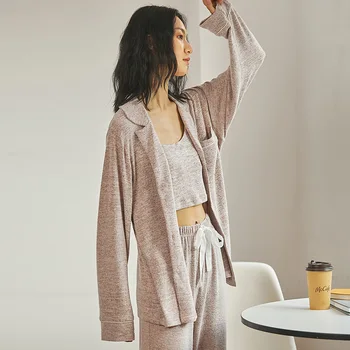 Toamna/Iarna 2021 Pijamale pentru Femei Bej cu Maneci Lungi Costume cu Pantaloni Confortabil 3-piece Set de Haine de Acasă Rever Liber Sleepwear Imagine 2