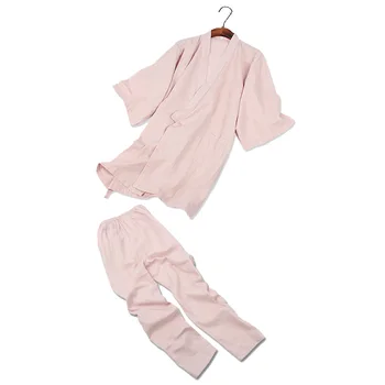 Tradiția japoneză Stil Retro Roz Vrac Pijama Set de Pantaloni pentru Femei Somn & Lounge Kimono Yukata Halat de baie Sudoare de Aburi Purta