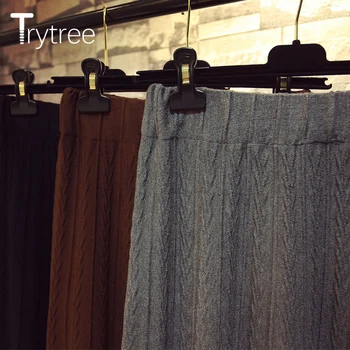 Trytree 2020 Primavara-Vara Fusta Casual-linie Elegant de Moda de epocă Talie Elastic Solid Tricotate Birou Doamnă de la Jumătatea Vițel Fusta Imagine 2