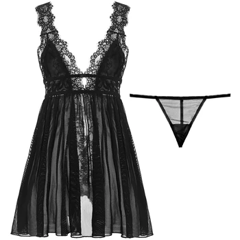 Tulin FashionWomen Sleepwear Sexy Lenjerie Plasă De Dantelă Neagră Sling Adânc V Femela Split Dantela Homedress Sleepwear Rochie De Noapte