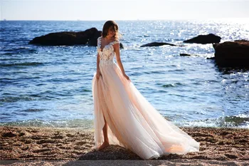 V-neck Exqusite Dantela Sequind Plaja Rochie de Mireasa Șampanie Elegant V-gât Rochie de Mireasa vestidos de noiva Imagine 2