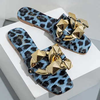 Vara Femei De Lux Papuci De Plaja Leopard De Imprimare De Moda Lanț De Metal De Sex Feminin Diapozitive Sandale Flip Flops Apartamente Cu Pantofi Doamnelor