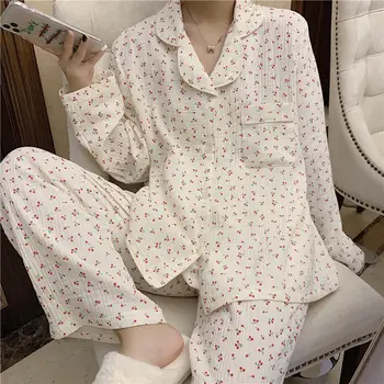 Vara Femei Pijama Set de Pijamale Pijama de Turn-down Femme Satin de Bumbac Confort Vrac Homewear Femei Pyjama Set