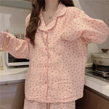 Vara Femei Pijama Set de Pijamale Pijama de Turn-down Femme Satin de Bumbac Confort Vrac Homewear Femei Pyjama Set Imagine 2
