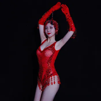 Vintage Pietre Roșu Franjuri Body Cu Margele Pălării Mănuși Etapă Purta Bar Club De Noapte Sexy Gogo Dansatoare, Spectacol De Dans Pol Costum