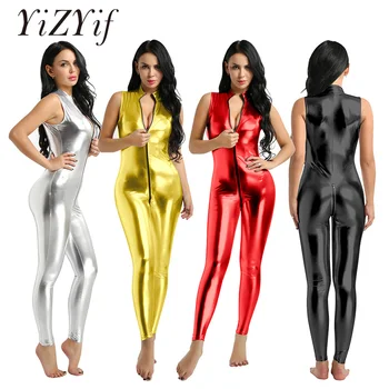 YiZYiF Sexy Femei Catsuit Clubwear Tricou Body Wetlook-O singură Bucată de Faux din Piele fără Mâneci Fermoar Dublu lenjerie body