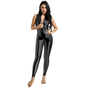 YiZYiF Sexy Femei Catsuit Clubwear Tricou Body Wetlook-O singură Bucată de Faux din Piele fără Mâneci Fermoar Dublu lenjerie body Imagine 2