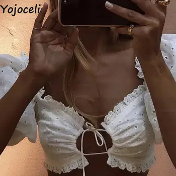 Yojoceli Sexy femei scurt emboridery dantelă bluză albă de Vară pe plajă volan culturilor topuri de sex Feminin casual dulce club de top blusas