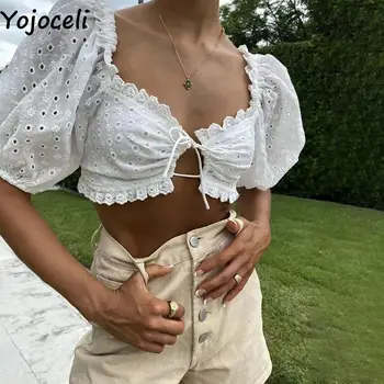 Yojoceli Sexy femei scurt emboridery dantelă bluză albă de Vară pe plajă volan culturilor topuri de sex Feminin casual dulce club de top blusas Imagine 2