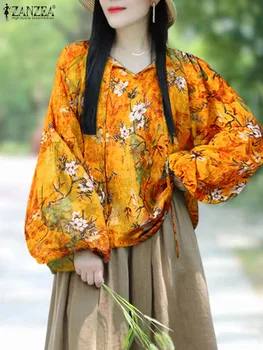 ZANZEA Vacanță de Moda Tricouri Femei 2022 Liber Casual Felinar cu Maneci Lungi Dantelă Topuri O-Gat imprimeu Floral Lenjerie de pat din Bumbac Bluza Imagine 2