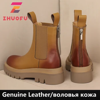 ZHUOFU 2023 din Piele de Iarnă pentru Femei cu Fermoar din Spate Cizme Glezna Chelsea Cizme Vintage Gros Med Tocuri Pantofi Platforma
