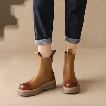 ZHUOFU 2023 din Piele de Iarnă pentru Femei cu Fermoar din Spate Cizme Glezna Chelsea Cizme Vintage Gros Med Tocuri Pantofi Platforma Imagine 2