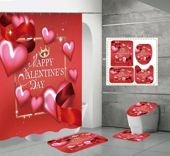Ziua îndrăgostiților Perdea de Duș Set Romantic Roșii și Albe, Baloane în Formă de Inimă Baie Perdele Covoare Capacul de Toaletă Baie Mat