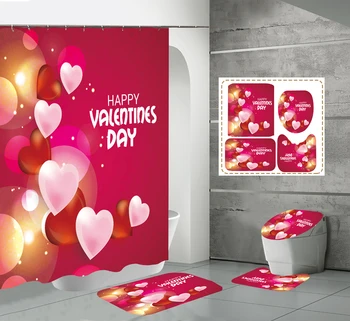 Ziua îndrăgostiților Perdea de Duș Set Romantic Roșii și Albe, Baloane în Formă de Inimă Baie Perdele Covoare Capacul de Toaletă Baie Mat Imagine 2